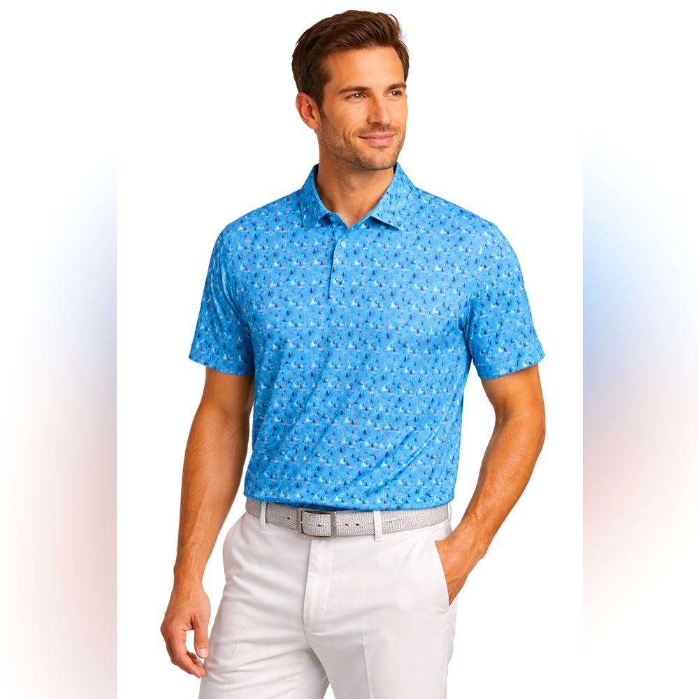 1764 Men’s Golf Polo Shirt Blue Sailboat Print Performance Stretch Large